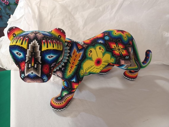 Beaded Jaguar Sculpture Christmas Gift Mexican Beaded Art Ornament Handmade by Huichol Wixarika Artisans