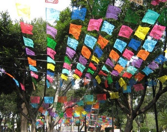 Papel picado para fiestas mexicanas en longitudes personalizadas para adaptarse perfectamente a tu lugar. Decoración vibrante para fiestas con temática mexicana. Envíos a todo el mundo.