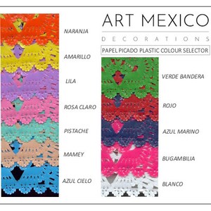 Puede incluir: Una carta de colores para Papel Picado, una artesan&iacute;a tradicional mexicana de papel. La carta muestra 10 colores diferentes de papel, incluyendo naranja, amarillo, morado, rosa, verde, rojo, azul, beige, azul claro y blanco. El texto "Art Mexico Decorations Papel Picado Plastic Colour Selector" est&aacute; en la parte superior de la carta.