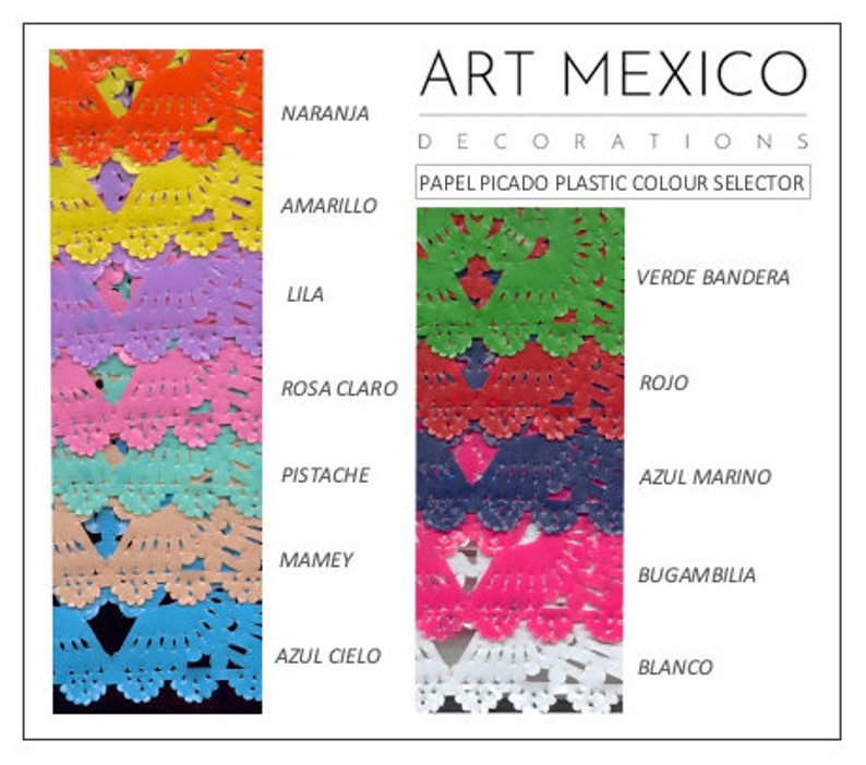 Puede incluir: Una carta de colores para Papel Picado, una artesan&iacute;a tradicional mexicana de papel. La carta muestra 10 colores diferentes de papel, incluyendo naranja, amarillo, morado, rosa, verde, rojo, azul, beige, azul claro y blanco. El texto "Art Mexico Decorations Papel Picado Plastic Colour Selector" est&aacute; en la parte superior de la carta.