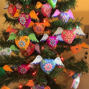 Mexican Winged Heart Hanging Christmas Tree Ornaments, Colourful Home Decor, Wedding Favors, With Colourful Silk Ribbons