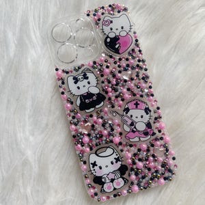 かわいいキティのデコデン電話ケース、カスタムかわいい電話ケース、キティのiPhoneケース、キティジャンク電話ケース、キティブリンブリン電話ケース、黒とピンクのケース