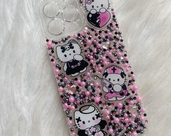 Cute Kitty decoden phone case custom kawaii phone case kitty iPhone case kitty junk phone case kitty bling phone case black and pink case