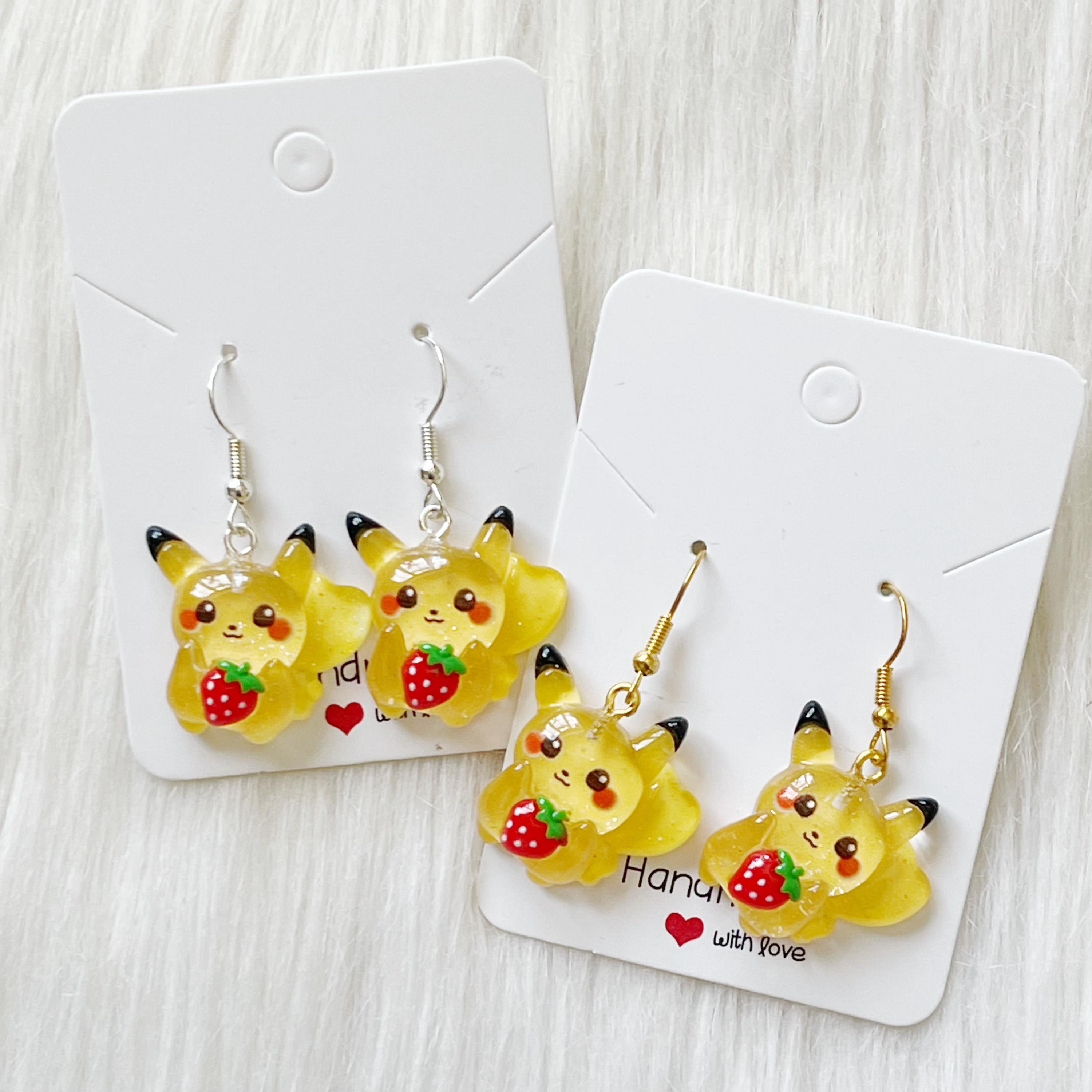 Handmade Pika Strawberry yellow kawaii character earrings gold silver stainless steel hook dangle earring