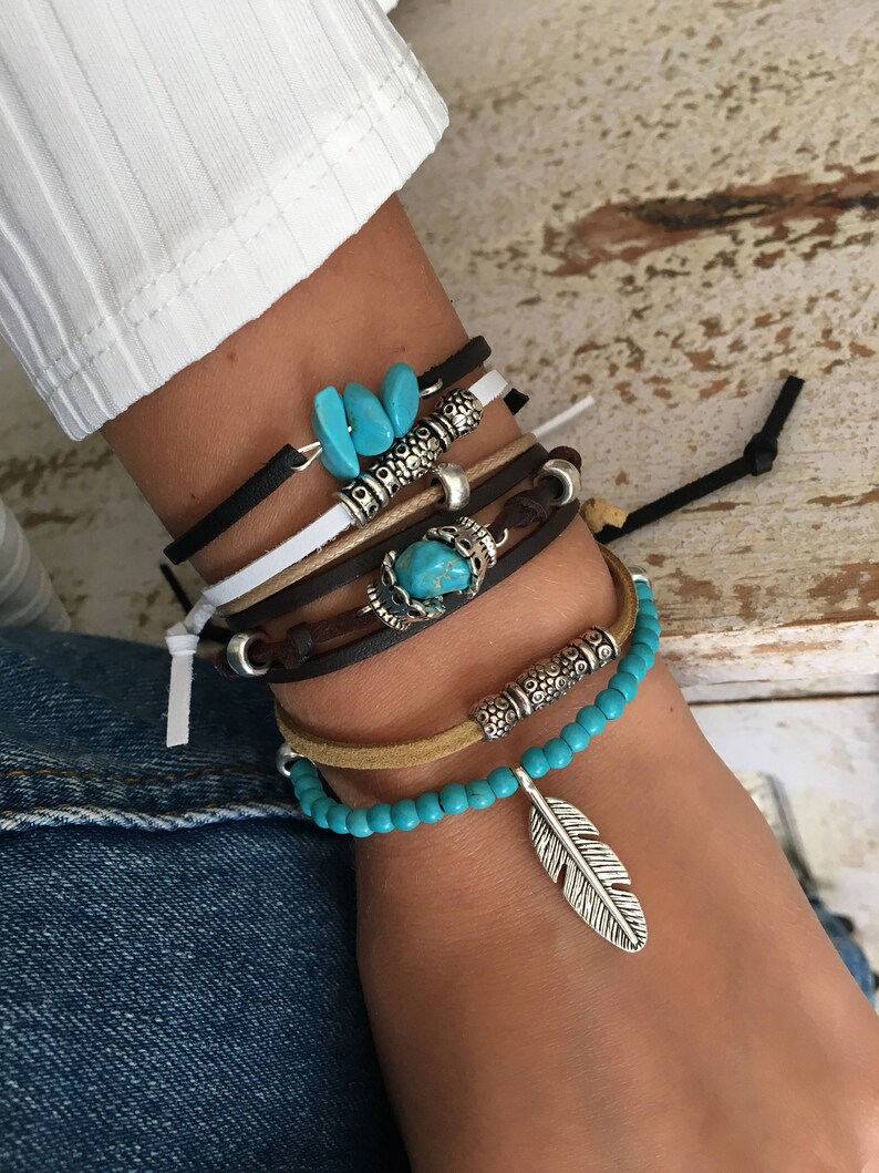 Turquoise bracelets boho bracelets leather bracelets set of | Etsy