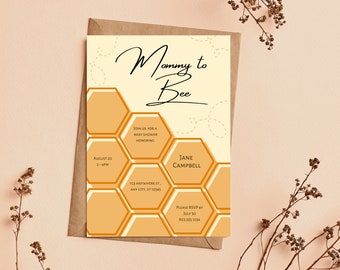 May include: A yellow and white baby shower invitation with a honeycomb pattern and the text "Mommy to Bee". The invitation includes the date, time, location, and RSVP information.