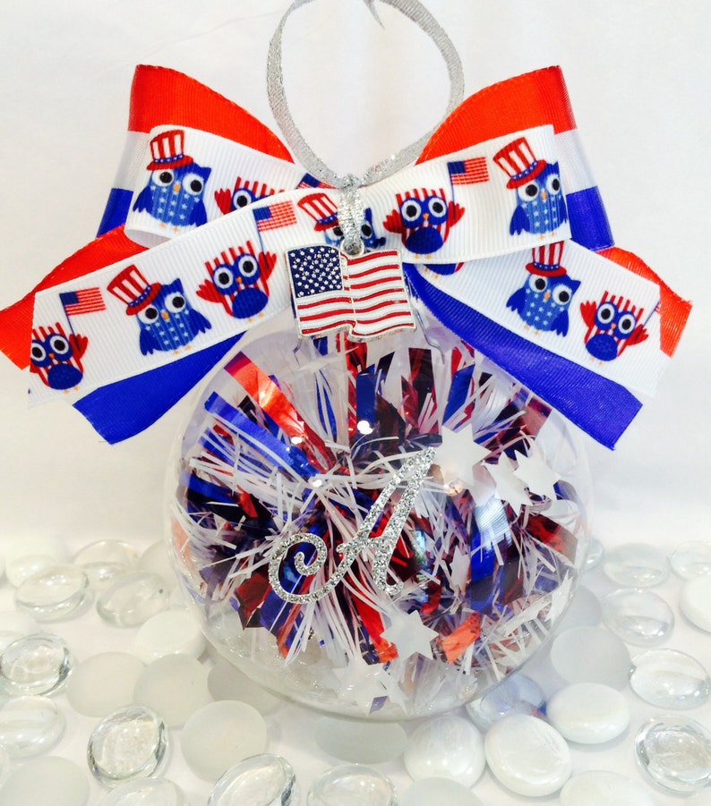Patriotic Owl Glass Owl Ornament, Memorial Day, 4th Of July Christmas Baubles image 1