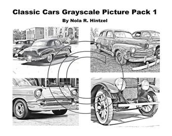 Classic Cars Grayscale Picture Pack 1 Coloring Book PDF Digital Download Vintage Automobiles Antique Autos Hotrods