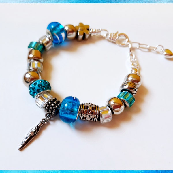 European Bead Bracelet Featuring Cerulean Blue and Silver Color Beads - Fits Wrists from 6.0" to 7.5"