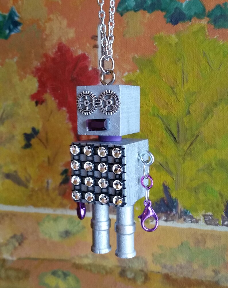 Block cube style fun Robot pendant necklace with chain Unisex cool jewelry steampunk