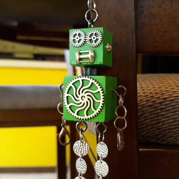 Bright Green Retro Steampunk Robot Pendant with Dangly Legs and Chain Sci-Fi Jewelry or Ornament -  name Cristoph