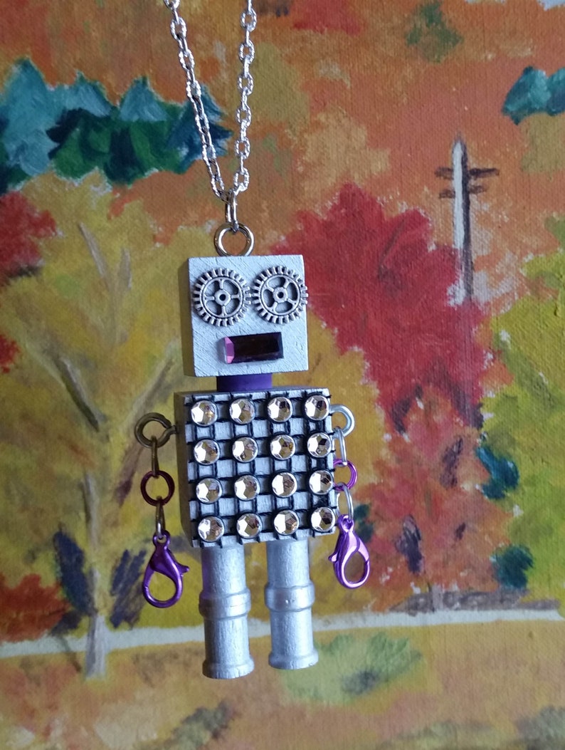 Block cube style fun Robot pendant necklace with chain Unisex cool jewelry steampunk