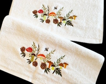 Hand Towels, 2 Piece Cotton Terry Towels with Colorful Embroidered Mushrooms, Hand Towel and Apron Set, House Warming Gift,Towels,Apron T13E