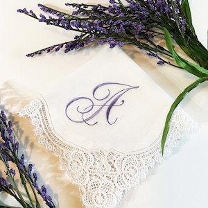 Handkerchief for Bride, Monogrammed Bride Handkerchief, Lace Handkerchief, Personalized Handkerchief, Monogram Initial Handkerchief WED71