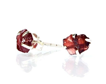 Raw Garnet Stud Earrings, 925 Sterling Silver, Dainty Jewelry
