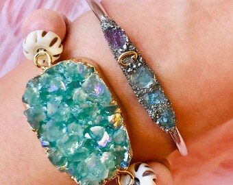 Raw Birthstone Cuff Bracelet, Silver Plated, Personalized Initial