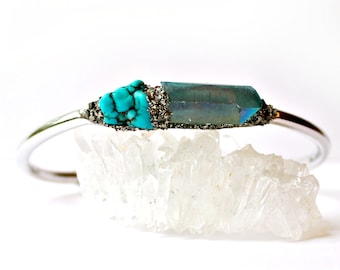 Aqua Aura Quartz and Turquoise Cuff Bracelet, Healing Crystal Bangle