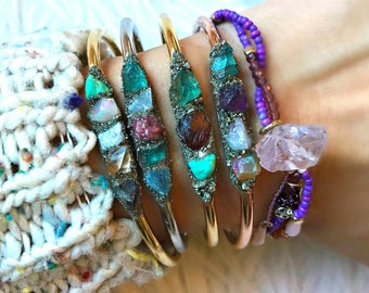 Raw Birthstone Bangle Bracelet, Custom Family Jewelry