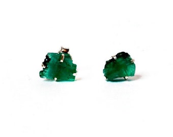 Raw Emerald Sterling Silver Stud Earrings, Handmade Green Gemstone