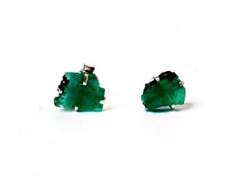 Raw Emerald Earrings Set in 925 Sterling Silver Studs, Emerald Green Earrings, 25th Anniversary Gift, Wife Birthday Gift