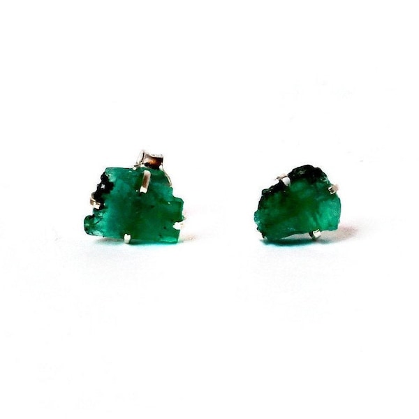 Raw Emerald Earrings Set in 925 Sterling Silver Studs, Emerald Green Earrings, 25th Anniversary Gift, Wife Birthday Gift