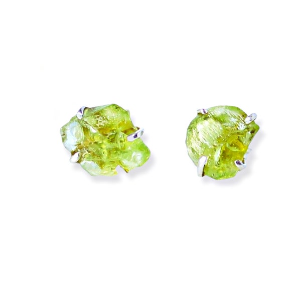 Raw Peridot Sterling Silver Stud Earrings, August Birthstone