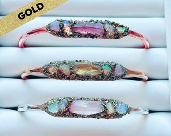 Gold Bracelet with Angel Aura Quartz and Australian Opals, Personalized Jewelry Gift for Her