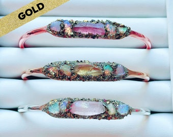 Gold Bracelet with Angel Aura Quartz and Australian Opals, Personalized Jewelry Gift for Her