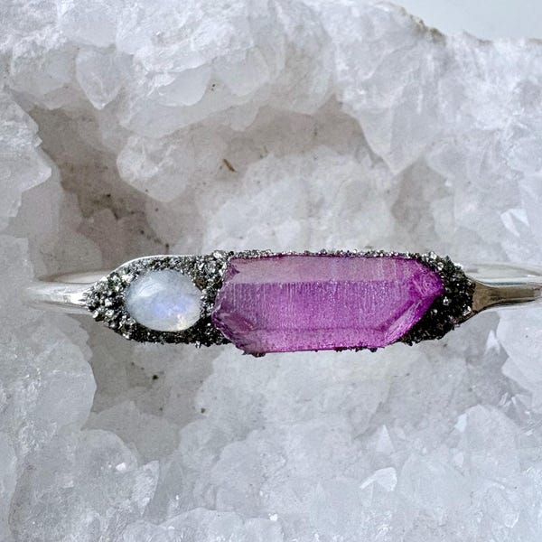 Rainbow Moonstone Cuff Bracelet, Angel Aura Quartz, June Birthstone