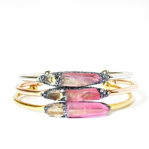 Handcrafted Herkimer Diamond Bracelet, Rose Aura Quartz, Gold/Silver Plated