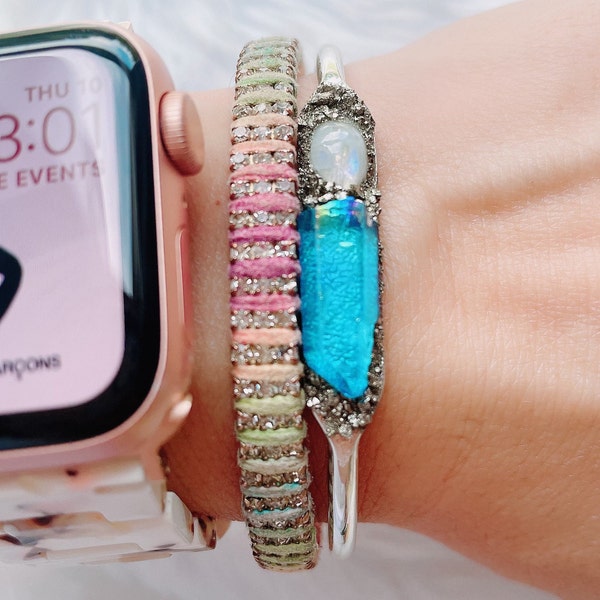 Rainbow Moonstone and Raw Aura Quartz Crystal Bracelet Jewelry, Custom Crystal Bracelet, Healing Crystal Bracelet, Hippie Bracelet