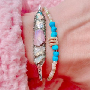 Raw Opal & Angel Aura Quartz Bracelet: Silver Boho Jewelry