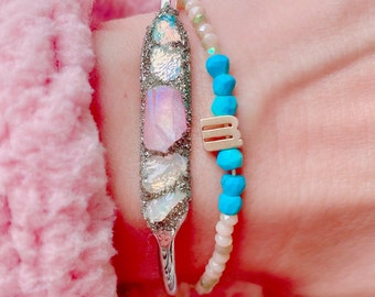 Raw Opal & Angel Aura Quartz Bracelet: Silver Boho Jewelry