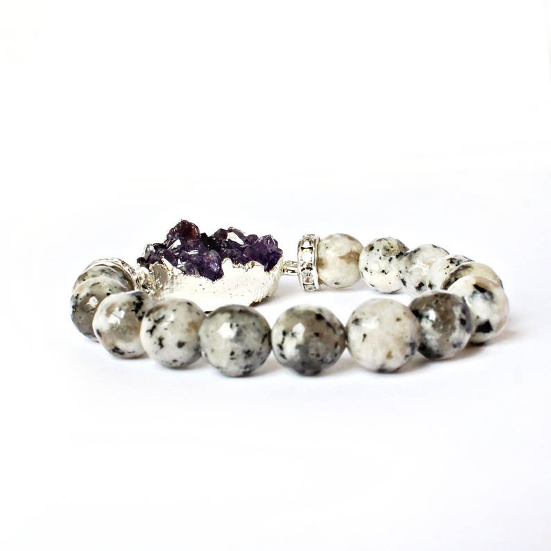 Zebra Jasper Beaded Bracelet With Centered Purple Amethyst Etsy