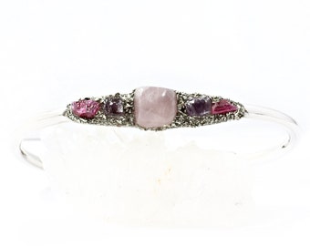 Handmade Rose Quartz Cuff Bracelet: Pink Tourmaline & Amethyst, Plated