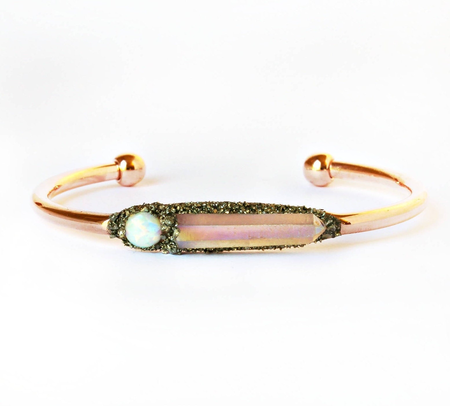 Australian Opal Cabochon and Angel Aura Quartz Crystal Bracelet