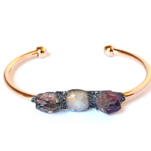 Amethyst Rainbow Moonstone Bracelet, Gold Plated Cuff, Handmade