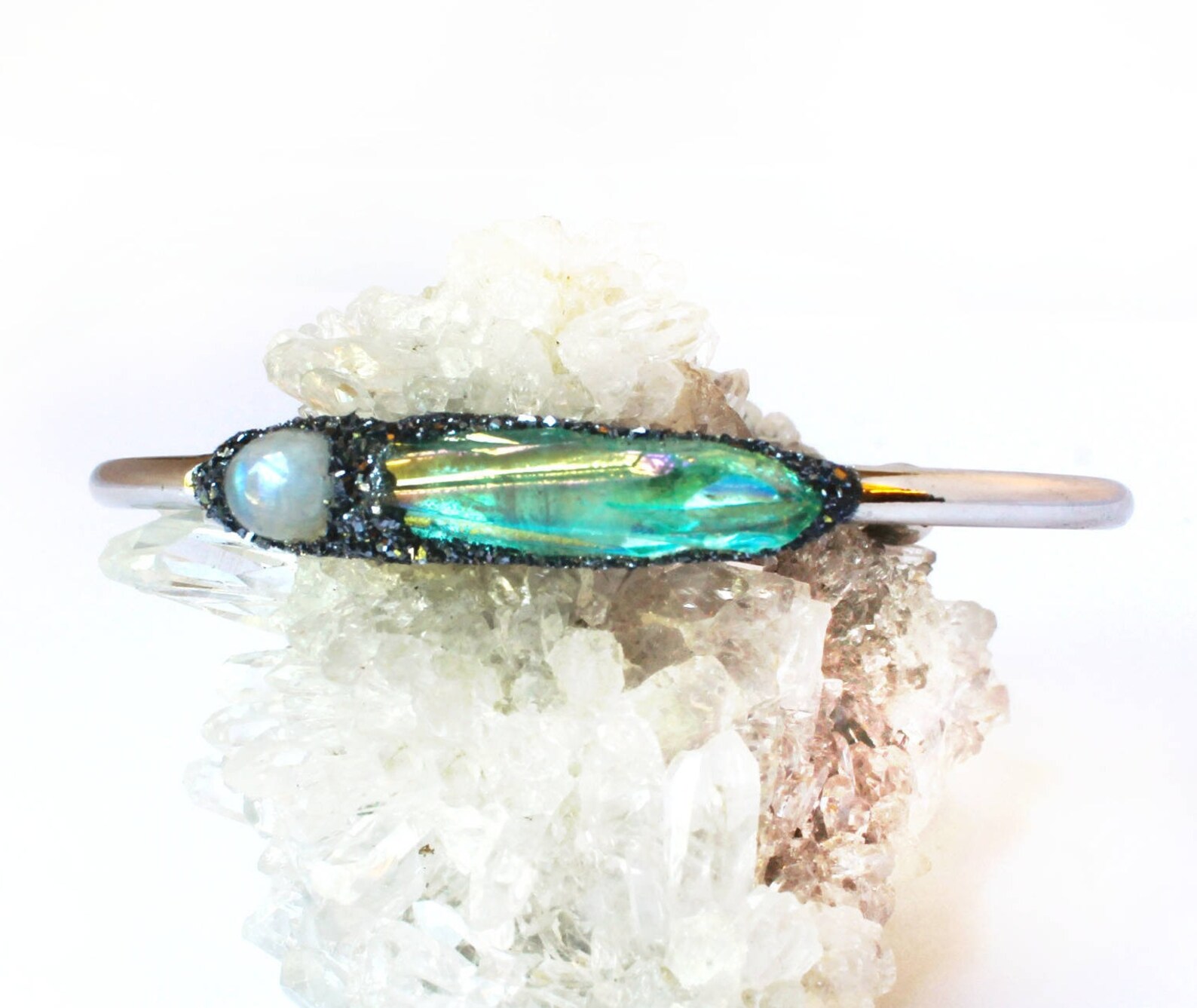 Rainbow Moonstone and Raw Aqua Aura Quartz Crystal Bracelet | Etsy