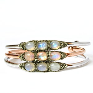 Rainbow Moonstone Cabochon Cuff Bracelet, Gold Silver Rose Gold Plated