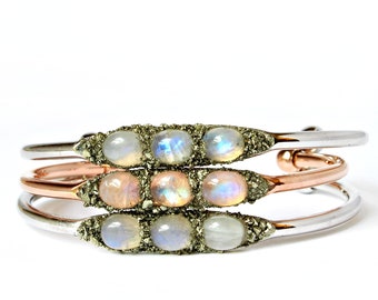 Rainbow Moonstone Cabochon Cuff Bracelet, Gold Silver Rose Gold Plated