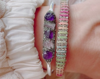 Raw Amethyst and Rose Quartz Bracelet, Handmade Crystal Jewelry