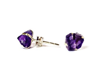 Raw Amethyst Sterling Silver Stud Earrings, February Birthstone