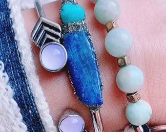 Blauwe kyaniet en turkoois armband, Boho armbanden voor vrouwen, Boho sieraden zilver, Turquoise manchet armband, echte turkoois