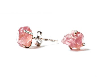 Raw Rose Quartz Sterling Silver Stud Earrings, January Birthstone