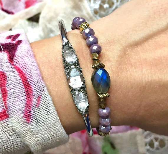 Unique Herkimer Diamonds Pyrite Vintage Sterling Silver Bracelet Unique Herkimer Diamonds Pyrite Vintage Sterling Silver Bracelet