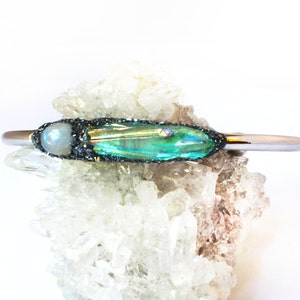 Pulsera de piedra lunar arcoíris y cristal de cuarzo aura aguamarina, joyería hecha a mano.
