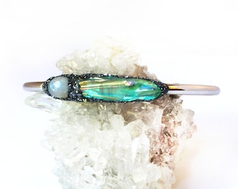 Rainbow Moonstone and Raw Aqua Aura Quartz Crystal Bracelet Jewelry
