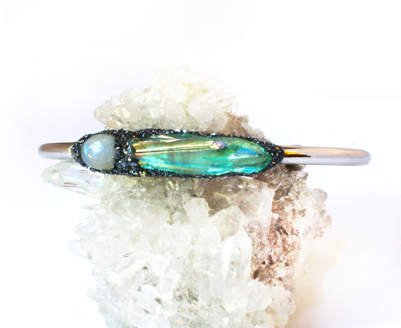 Rainbow Moonstone and Raw Aqua Aura Quartz Crystal Bracelet Jewelry 