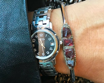 Raw Garnet Cuff Bracelet, Silver Plated, Handmade Jewelry Gift