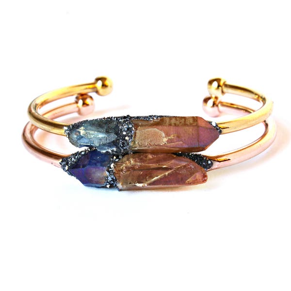 Raw Citrine & Tanzine Aura Quartz Cuff Bracelet, Rose Gold Celestial Jewelry